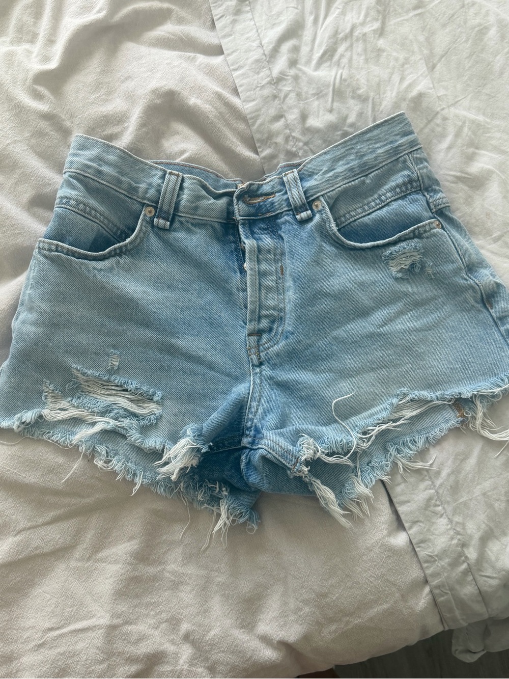 Free People Light Blue Distressed Denim Shorts